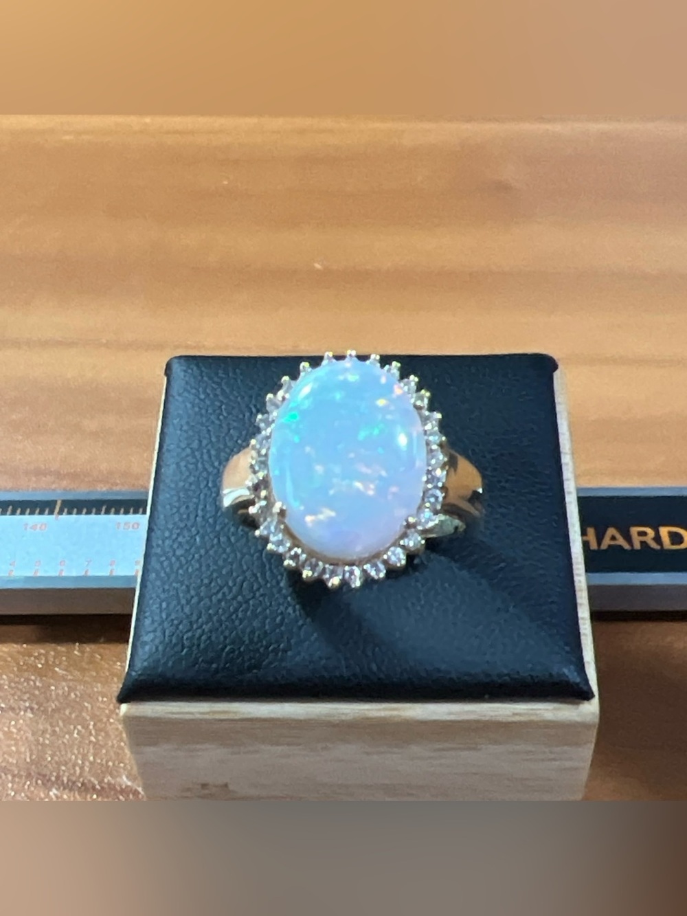 14K Yellow Gold Large White Oval Opal Halo Brilliant Cut Diamond Ring Size 6.5
